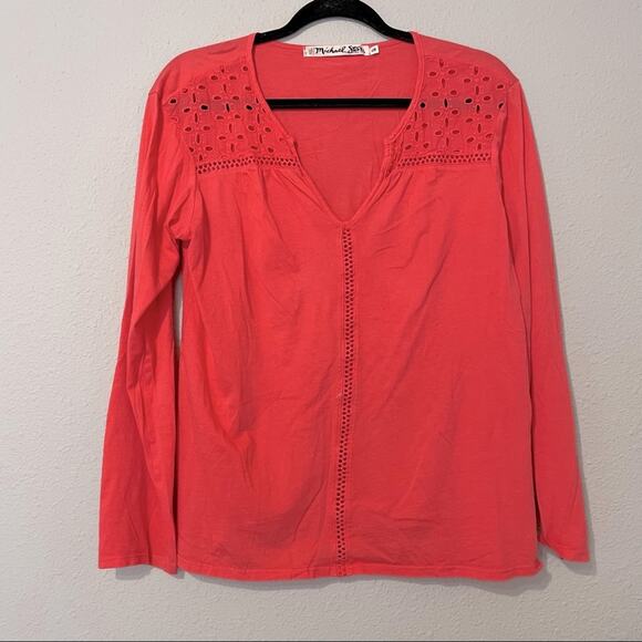 Michael Stars Coral Orange Boho V Neck Blouse Long Sleeve Womens Os Beachy - Picture 1 of 7